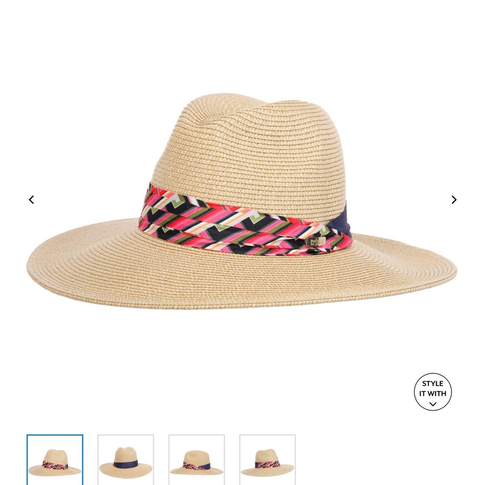 Trina Turk Azure Wide Brim Straw Adjustable Fedora with Pink Patterned Band NWT - Picture 2 of 9